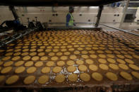 Biscuits are half coated in chocolate on the production line of Pladis' McVities factory in London Britain, September 19, 2017. Picture taken September 19, 2017. REUTERS/Peter Nicholls.
