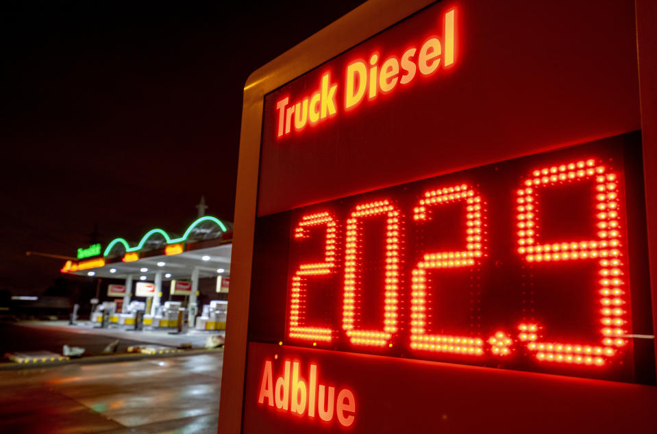 The Diesel price for trucks is displayed at a gas station in Frankfurt, Germany, Friday, Jan. 27, 2023. A European ban on imports of diesel fuel and other products made from crude oil in Russian refineries takes effect Feb. 5. The goal is to stop feeding Russia's war chest, but it's not so simple. Diesel prices have already jumped since the war started on Feb. 24, and they could rise again. (AP Photo/Michael Probst)