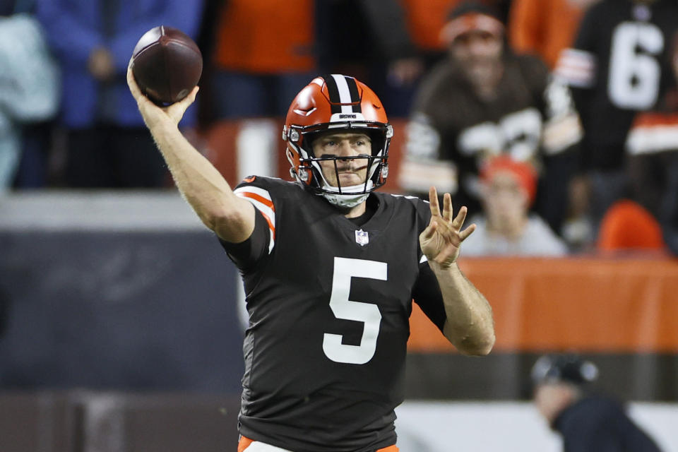 FILE - Cleveland Browns quarterback Case Keenum throws a pass during the first half of an NFL football game against the Denver Broncos, Oct. 21, 2021, in Cleveland. Keenum, who was slotted to start Saturday, Dec. 18, 2021, with Baker Mayfield sidelined after testing positive with COVID-19, has also tested positive, a person familiar with the situation tells The Associated Press. Keenum's positive result came after he practiced Thursday, Dec. 16, 2021, said the person who spoke on condition of anonymity because the team may have more confirmed cases. (AP Photo/Ron Schwane, File)