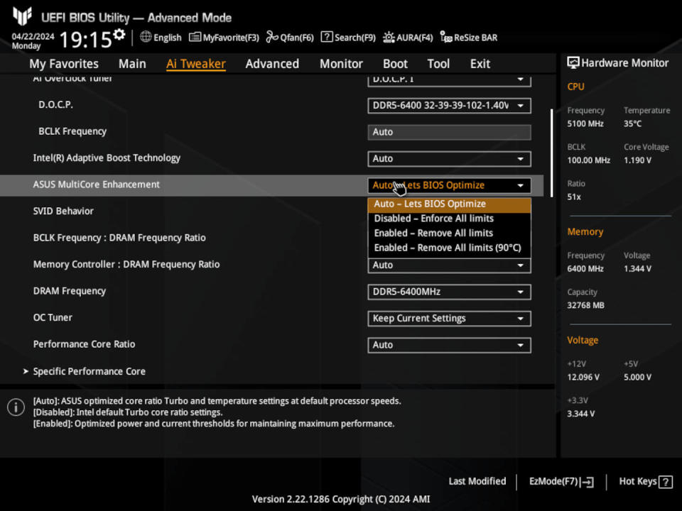 Screenshot of an Asus motherboard BIOS