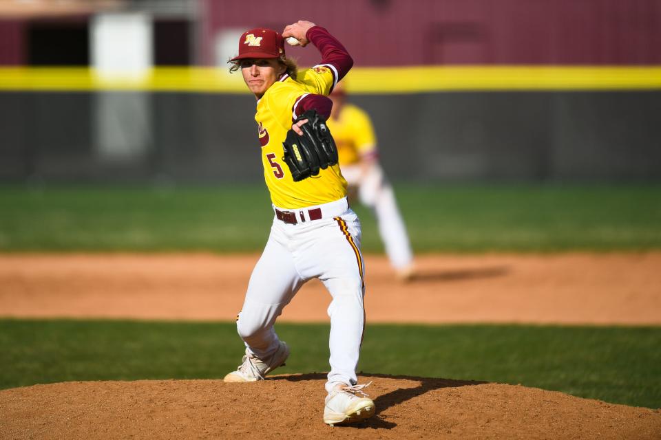 Rocky Mountain's Cole Honick (5) delivers a pitch during a high school baseball game against Poudre at Rocky Mountain High School in Fort Collins on April 20, 2023.