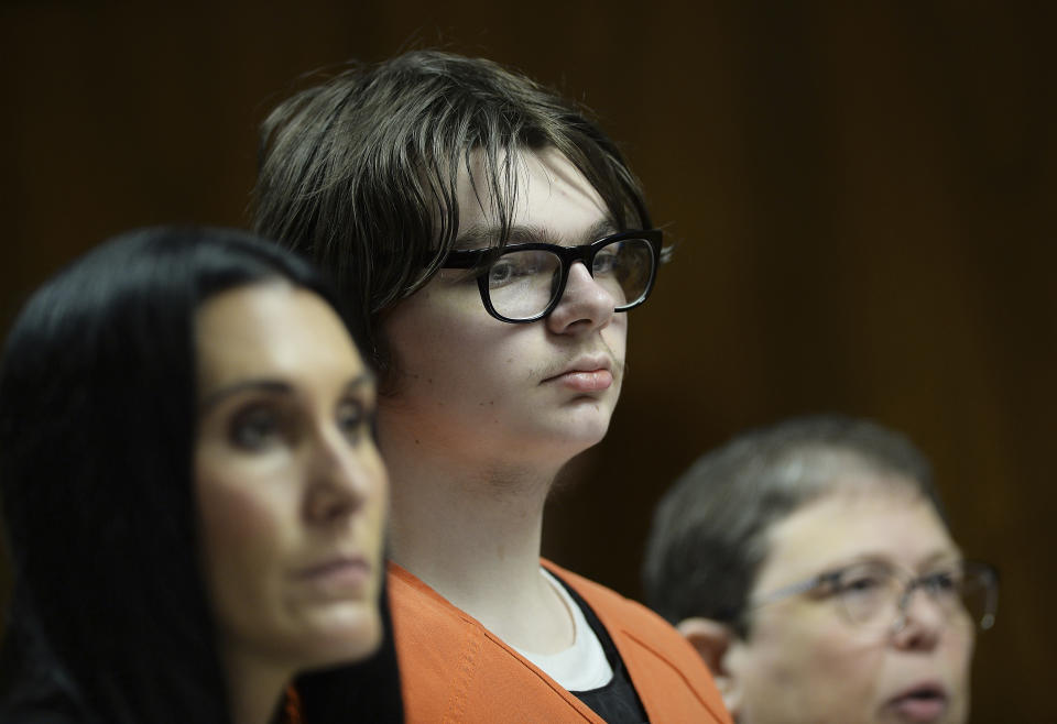 FILE -Ethan Crumbley stands with his attorneys, Paulette Loftin and Amy Hopp during his hearing at Oakland County Circuit Court, Tuesday, Aug. 1, 2023 in Pontiac, Mich. Judge Kwame Rowe will hear a fourth and final day of testimony Friday, Aug. 18, 2023 to determine whether a teenager will get a life sentence for the fatal shooting of four students at a Michigan school in 2021.(Clarence Tabb Jr./Detroit News via AP, File, Pool, File)