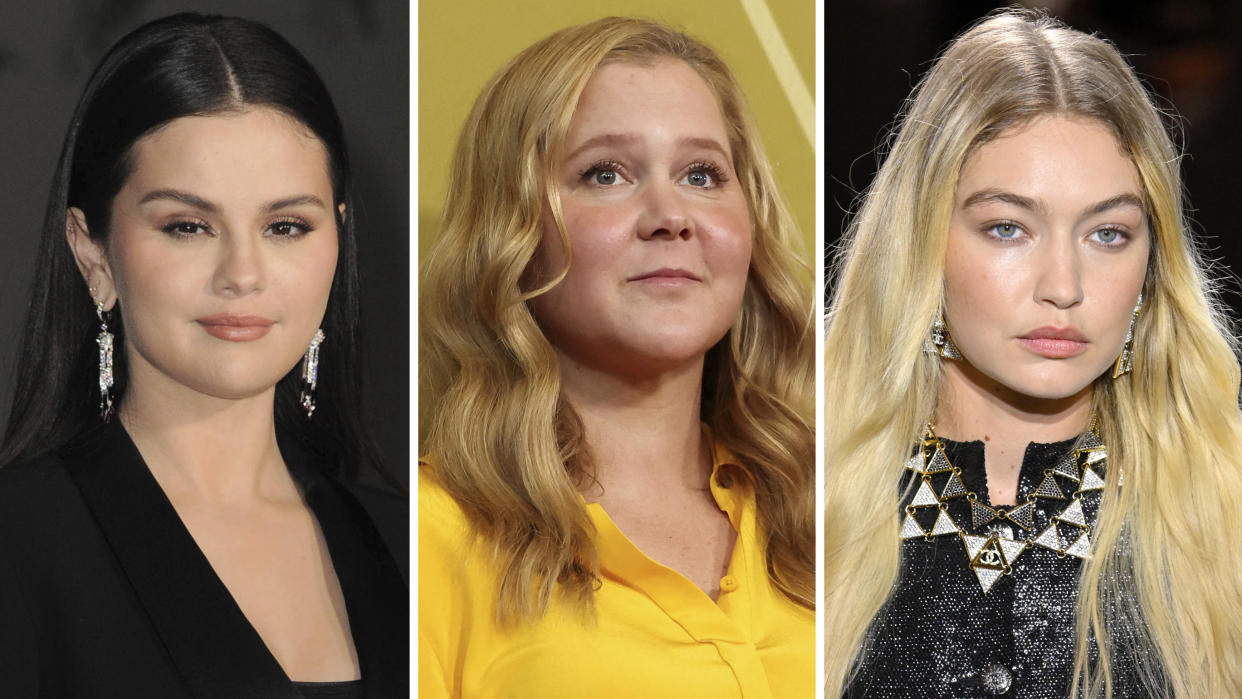 Selena Gomez, Amy Schumer and Gigi Hadid. (Alexandra Picco/STAR MAX/IPx via AP, Mario Anzuoni/Reuters, Kristy Sparow/WireImage via Getty Images)