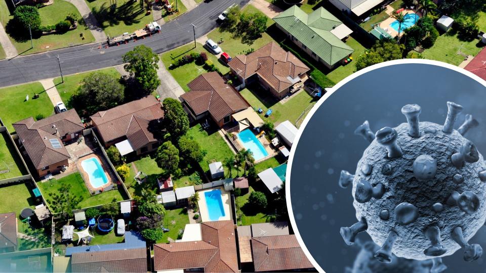Pictured: Aerial view of Australian houses, coronavirus cell. 