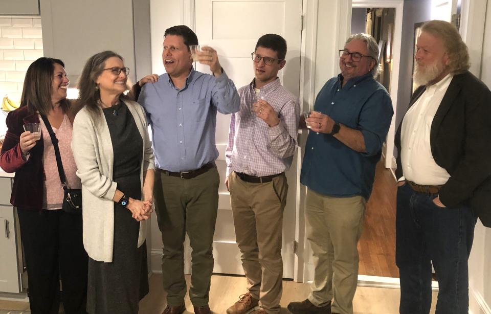 Canandaigua City Democrats celebrate on election night: Donna Cator, left, Nancy Yacci, Michael Mills, Erich Dittmar, Guy Turchetti and David Baker all were ahead when the polls closed Tuesday. Mills, Turchetti, Cator and Dittmar ran for Canandaigua City Council; Yacci and Baker for city supervisor seats on the Ontario County Board of Supervisors.
