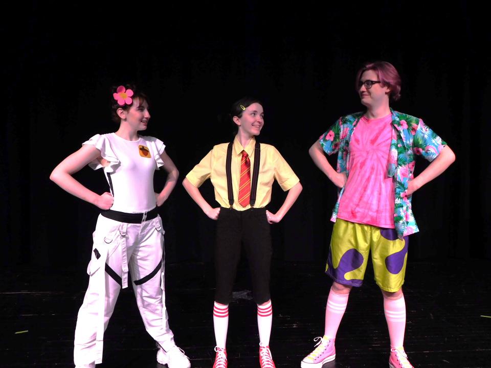 Blackhawk High School presents "The SpongeBob Musical." Cast in this photo: Bronwyn Zoppelt as Sandy the Squirrel, Cora McCowin as SpongeBob, and Joshua Ziegler as Patrick Star.