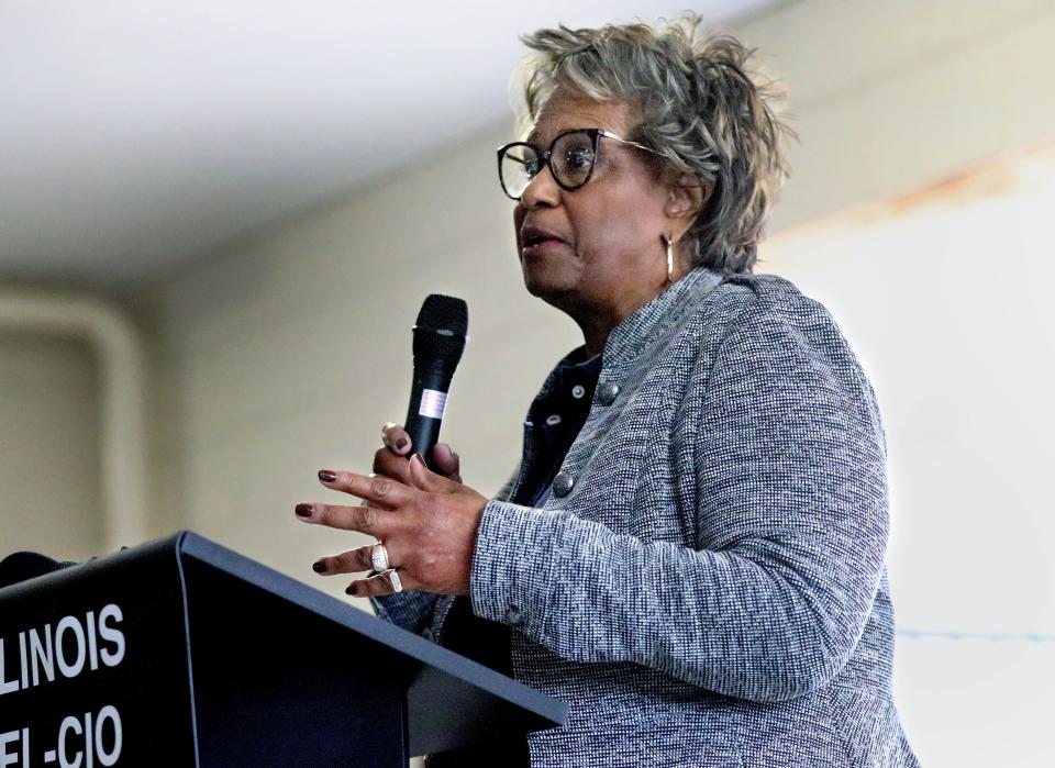 State Sen. Doris Turner, D-Springfield, speaks during the annual Workers Memorial Day ceremony at the Illinois AFL-CIO Front Plaza on Thursday. [Thomas J. Turney/The State Journal-Register]