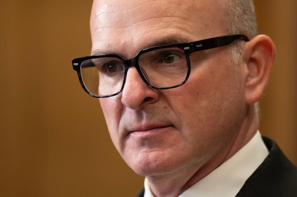 Employment, Workforce Development and Official Languages Minister Randy Boissonnault listens to a question as he speaks with reporters in the Foyer of the House of Commons, Monday, February 5, 2024 in Ottawa.