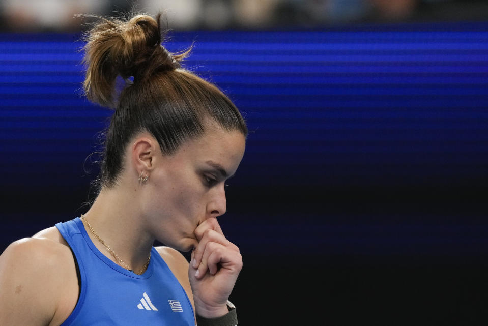 Maria Sakkari of Greece reacts during her quarterfinal match against Germany's Angelique Kerber at the United Cup in Sydney, Australia, Friday, Jan. 5, 2024. (AP Photo/Mark Baker)