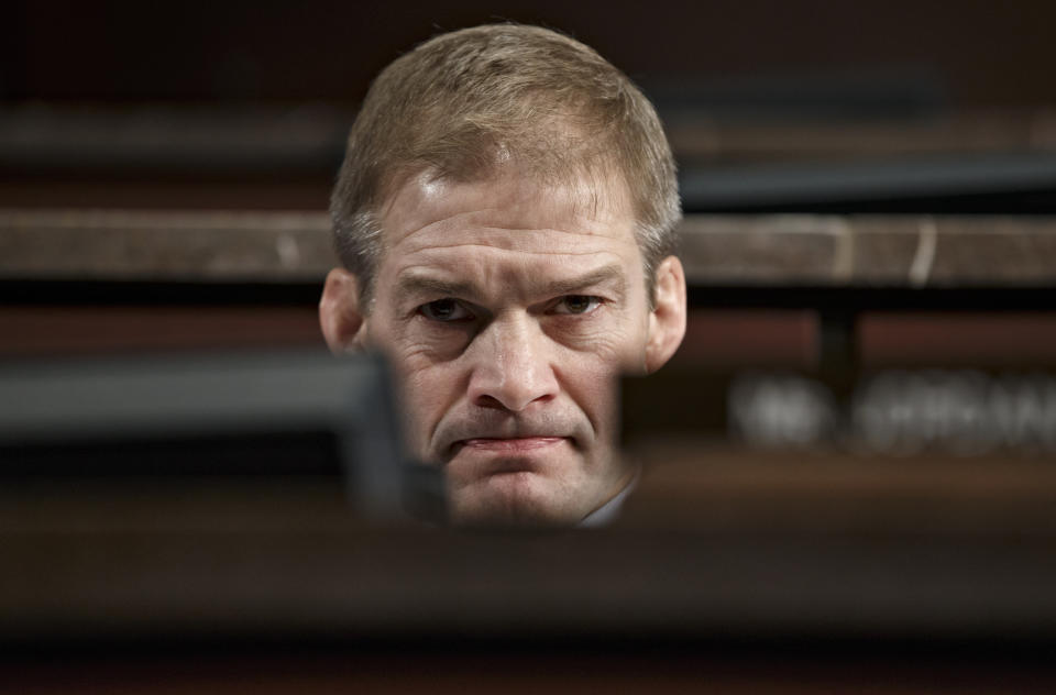 FILE - Rep. Jim Jordan, R-Ohio, then a member of the House Select Committee on Benghazi, listens to questioning on Capitol Hill in Washington, Jan. 27, 2015. (AP Photo/J. Scott Applewhite, File)