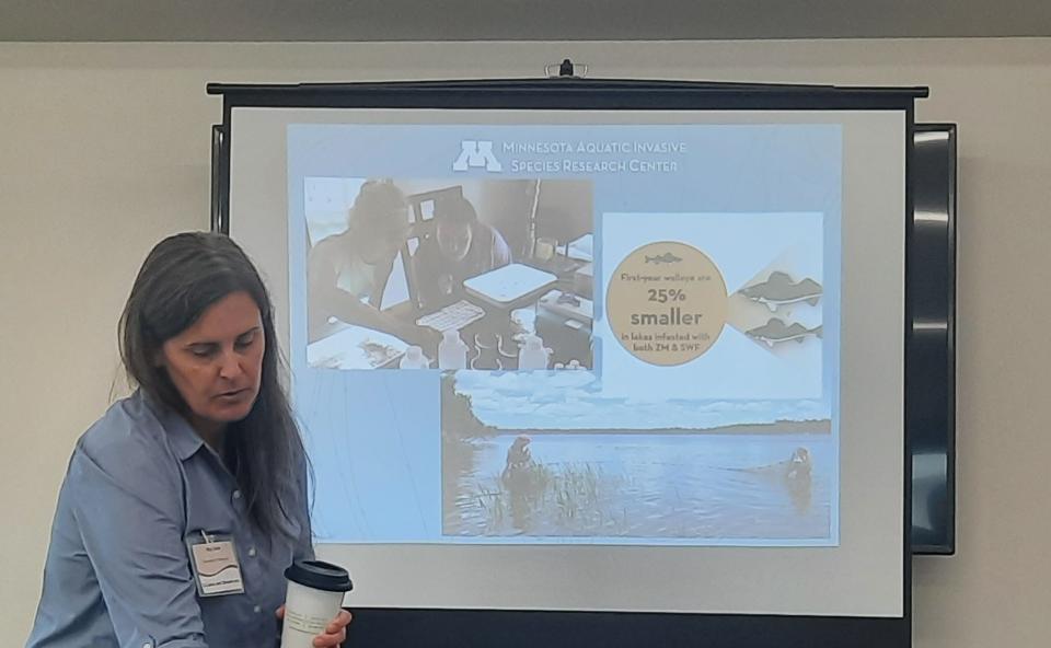 Meg Duhr, research outreach specialist with the Minnesota Aquatic Invasive Species Research Center, spoke about zebra mussels and other invasive species recently at Pickerel Lake.