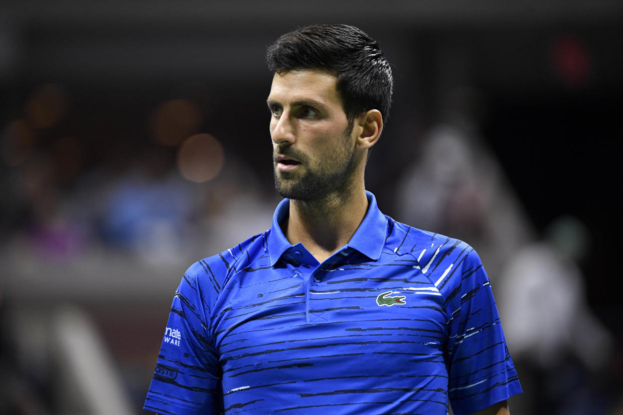 Aug 30, 2019; Flushing, NY, USA; Novak Djokovic of Serbia takes the court to face Denis Kudla of the United States in the third round on day five of the 2019 U.S. Open tennis tournament at USTA Billie Jean King National Tennis Center. Mandatory Credit: Danielle Parhizkaran-USA TODAY Sports