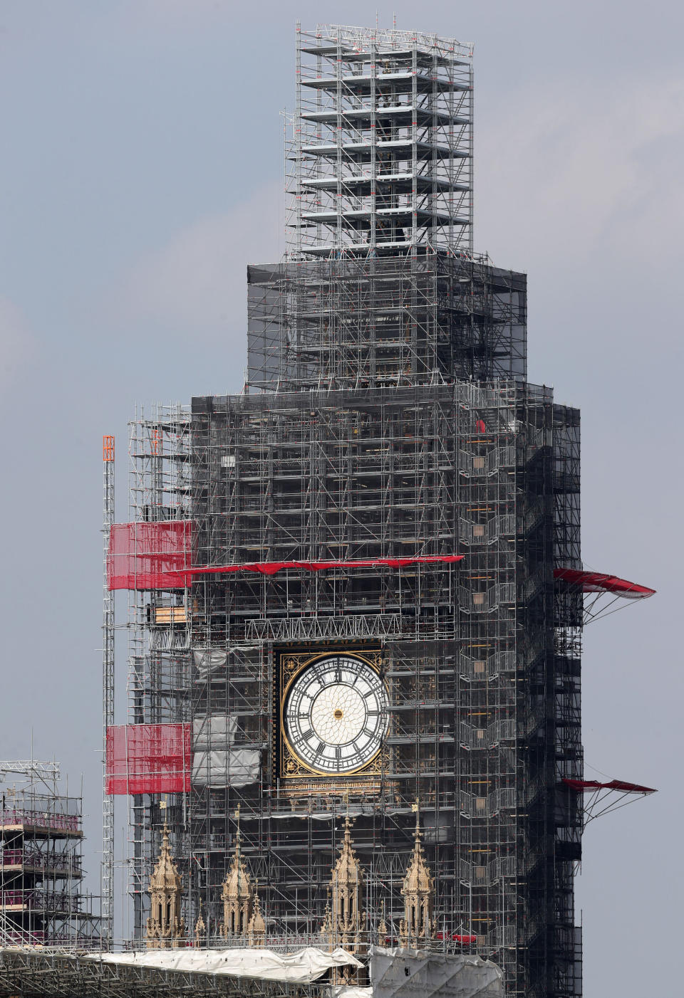 Embargoed to 0001 Monday October 07 File photo dated 7/10/2019 of the clock hands of Elizabeth Tower at the Palace of Westminster have been removed for maintenance and restoration work. The spire of Big Ben is set to be revealed from beneath its scaffolding in a "key moment" in the tower's renovation.