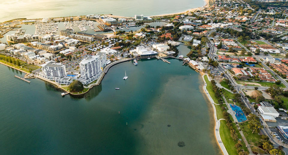 An aerial view of Mandurah foreshore where a 3-year-old girl went missing from before she was found safe and well.