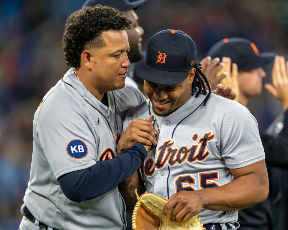Detroit Tigers designated hitter Miguel Cabrera (24) congratulates relief pitcher Gregory Soto (65) after defeating the Toronto Blue Jays at Rogers Centre in Toronto on Friday, July 29, 2022.