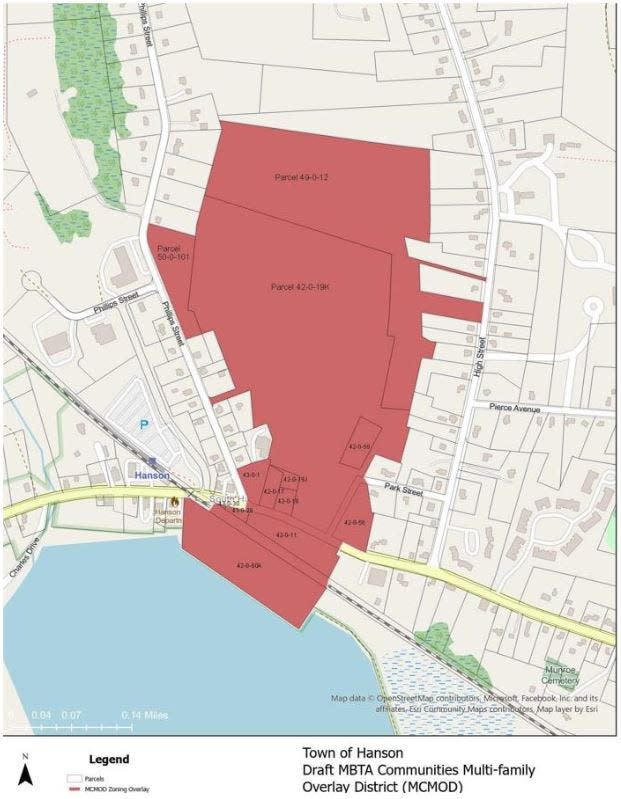 The town of Hanson proposed its MBTA multifamily housing zoning overlay district on land north and south of Route 27, between Phillips and High streets.