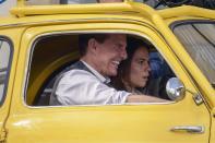 <p>Tom Cruise and costar Hayley Atwell are seen filming<i> Mission Impossible 7</i> in a yellow Fiat 500 in Rome on Friday. </p>