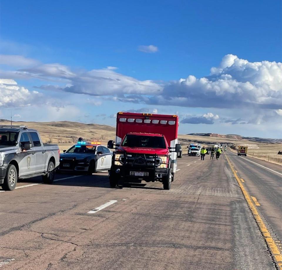 Law enforcement and first responders are shown at the scene of a fatal single-vehicle crash on U.S. Highway 287 about 25 miles north of Fort Collins on Thursday.