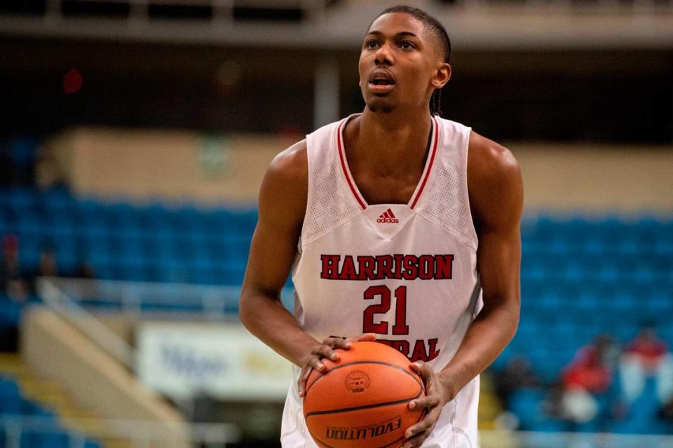 Harrison Central forward Sam Murray looks to make a free throw shot during Hoopsfest at the Mississippi Coast Coliseum in Biloxi on Saturday, Jan. 29, 2022.