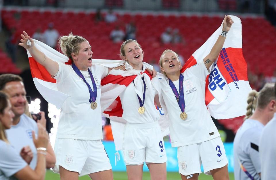 Millie Bright, Ellen White and Rachel Daly celebrate England’s Euro 2022 final victory over Germany (Nigel French/PA Images). (PA Wire)