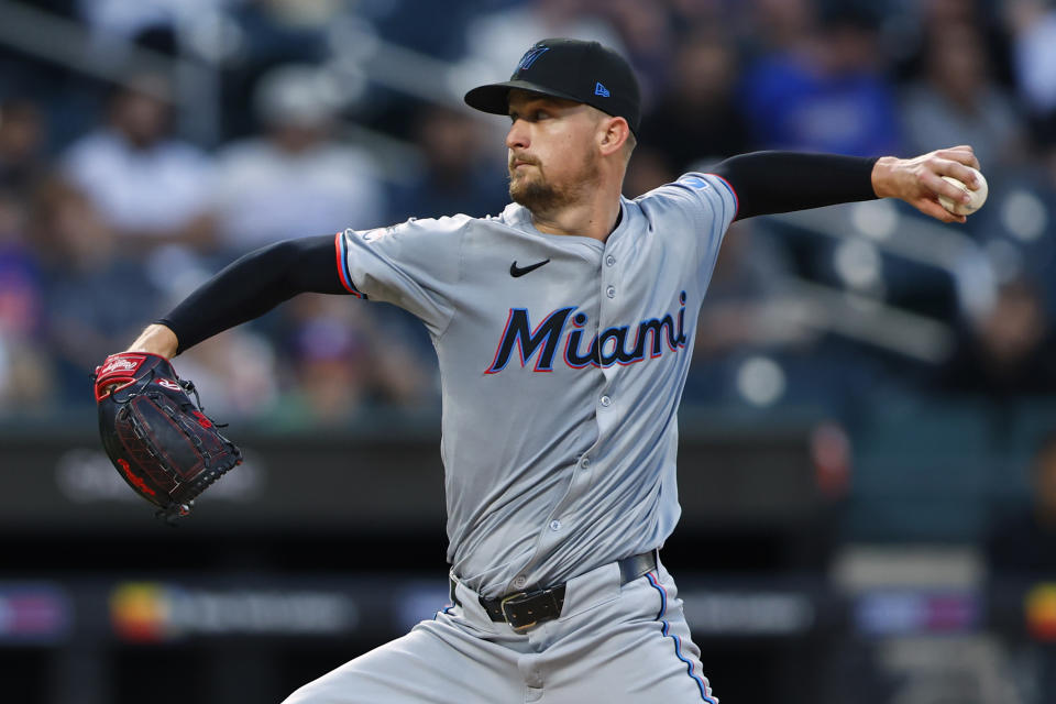 Miami Marlins pitcher Braxton Garrett works against the New York Mets during the fourth inning of a baseball game Wednesday, June 12, 2024, in New York. (AP Photo/Rich Schultz)