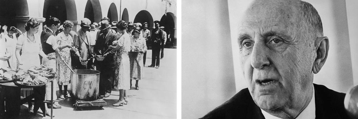 Left: Unemployed men receiving soup and slices of bread in an outdoor bread line during the Great Depression in Los Angeles around 1930. Right: Economist Simon Kuznets, who devised GDP, in December 1971. Credit: Getty Images (Photo: )