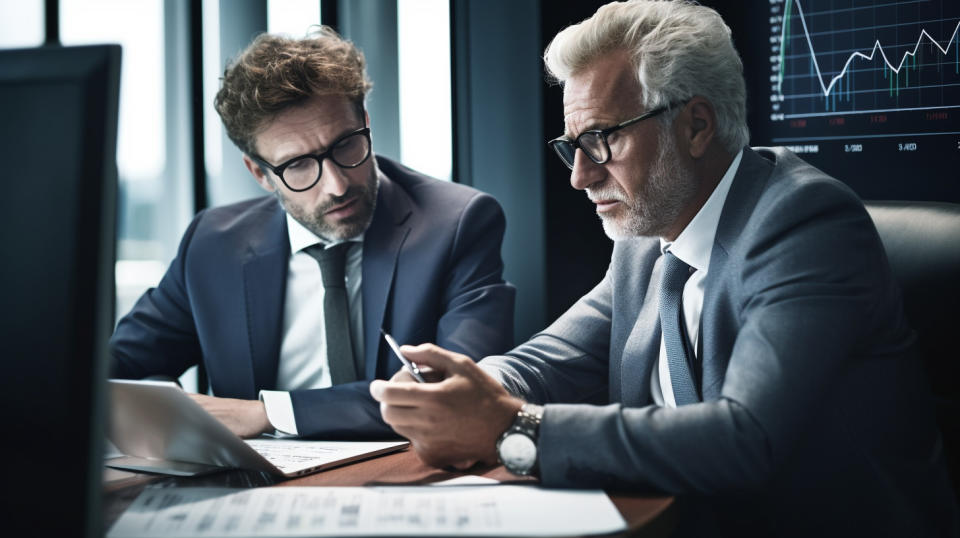 A close-up of a portfolio manager discussing financial strategies with a client.