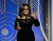 This Jan. 7, 2018 image released by NBC shows Oprah Winfrey accepting the Cecil B. DeMille Award at the 75th Annual Golden Globe Awards in Beverly Hills, Calif. Winfrey's rousing call for social justice in the name of the MeToo movement drew wild cheers in the ballroom at the Golden Globes Awards in January and reverberated across the land. Pundits and Oprah-whisperers proclaimed it a first step toward a presidential run, and #oprah2020 trended. (Paul Drinkwater/NBC via AP)