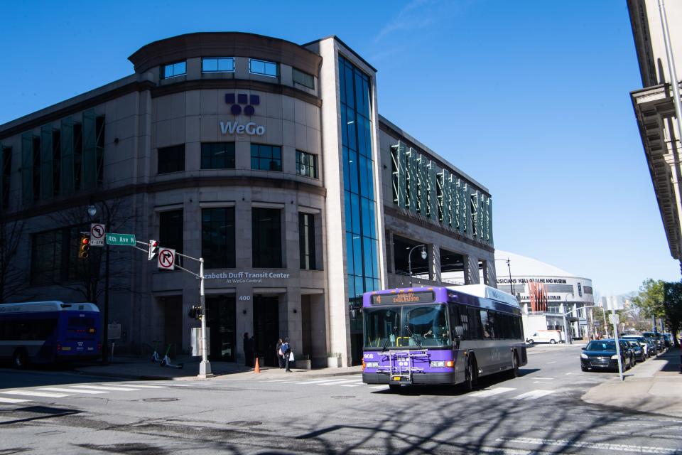 A WeGo bus drives past the Elizabeth Duff Transit Center at WeGo Central in Nashville, Tenn., Wednesday, Feb. 14, 2024.