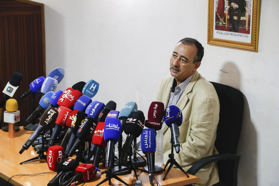 Taher Saadun, father of Moroccan Ibrahim Saadun, who was captured and sentenced to death in Russian-held eastern Ukraine, speaks to the media in a press conference in Rabat, Morocco, Monday, June 27, 2022. (AP Photo)