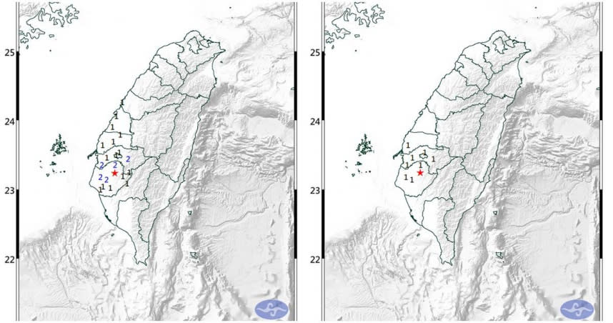 今（2日）凌晨台南市柳營區發生2起小區域有感地震。（圖／氣象署）