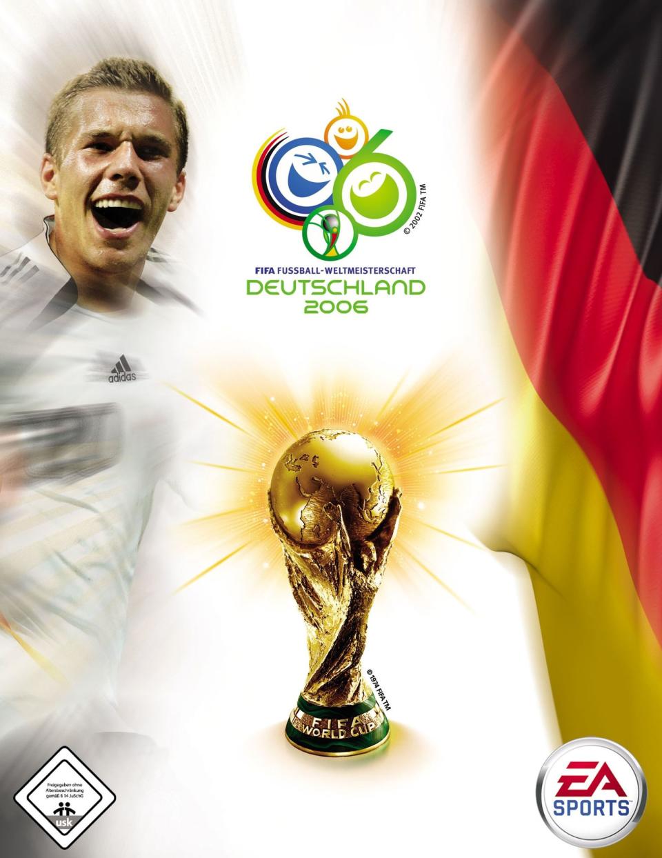 Nationalflagge und Prinz Poldi: Das Cover von "FIFA Fussball-Weltmeisterschaft Deutschland 2006" passte perfekt zum "Sommermärchen". (Bild: EA)