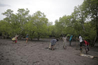 Members of Mikoko Pamoja, Swahili for 'mangroves together', plant mangrove trees in the beaches of Gazi Bay, in Kwale county, Kenya on Sunday, June 12, 2022. The project has for nearly a decade quietly plodded away, conserving over 100 hectares (264 acres) of mangroves while simultaneously planting new seedlings. (AP Photo/Brian Inganga)