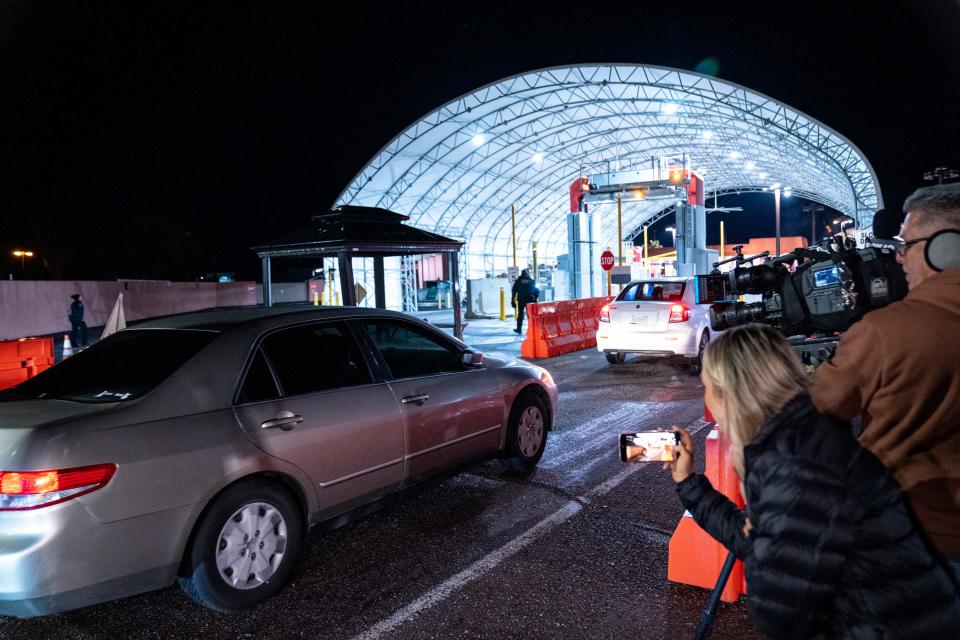 People wait in line to cross into Mexico at the Lukeville Port of Entry on Jan. 4, 2024. The port of entry reopened on Jan. 4 after it closed on Dec. 4, 2023, reassigning port officers to assist the processing of asylum seekers.