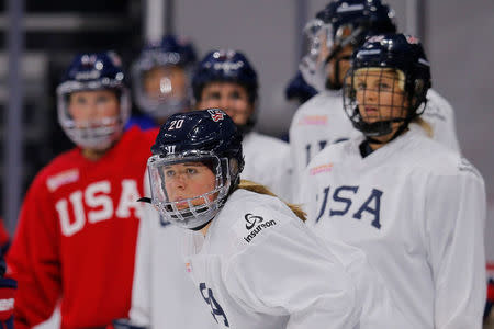 U.S. Women's National hockey team player Hannah Brandt practices in Boston, Massachusetts, U.S., October 23, 2017. REUTERS/Brian Snyder