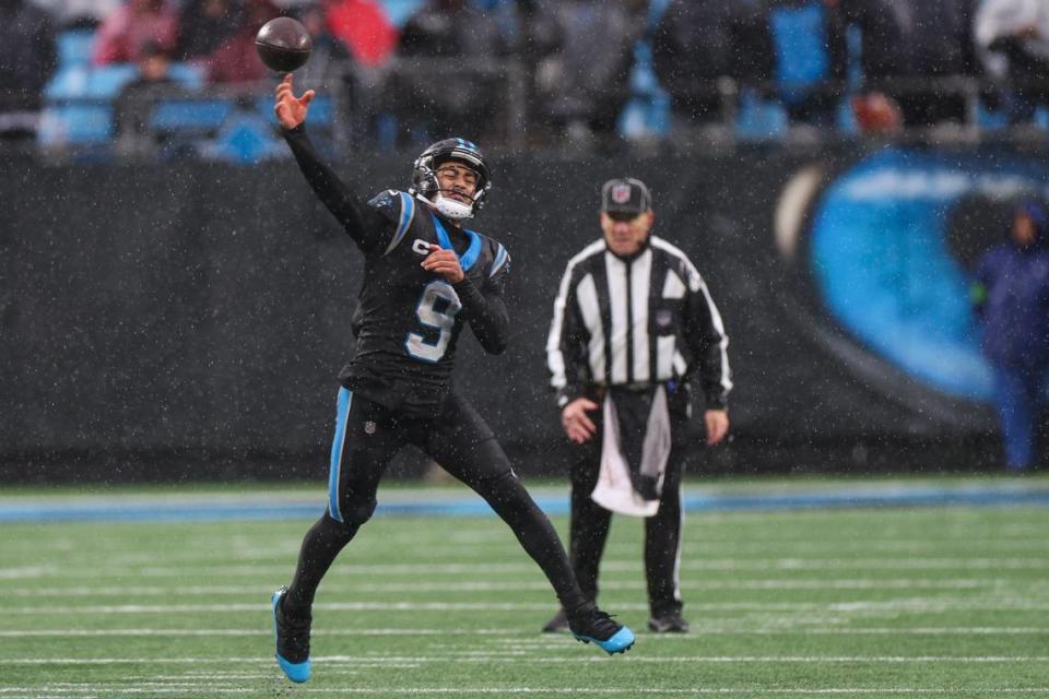 Panthers quarterback Bryce Young throws a long pass during the game against the Falcons at Bank of America Stadium on Sunday, December 16, 2023. The Panthers won, 9-7.