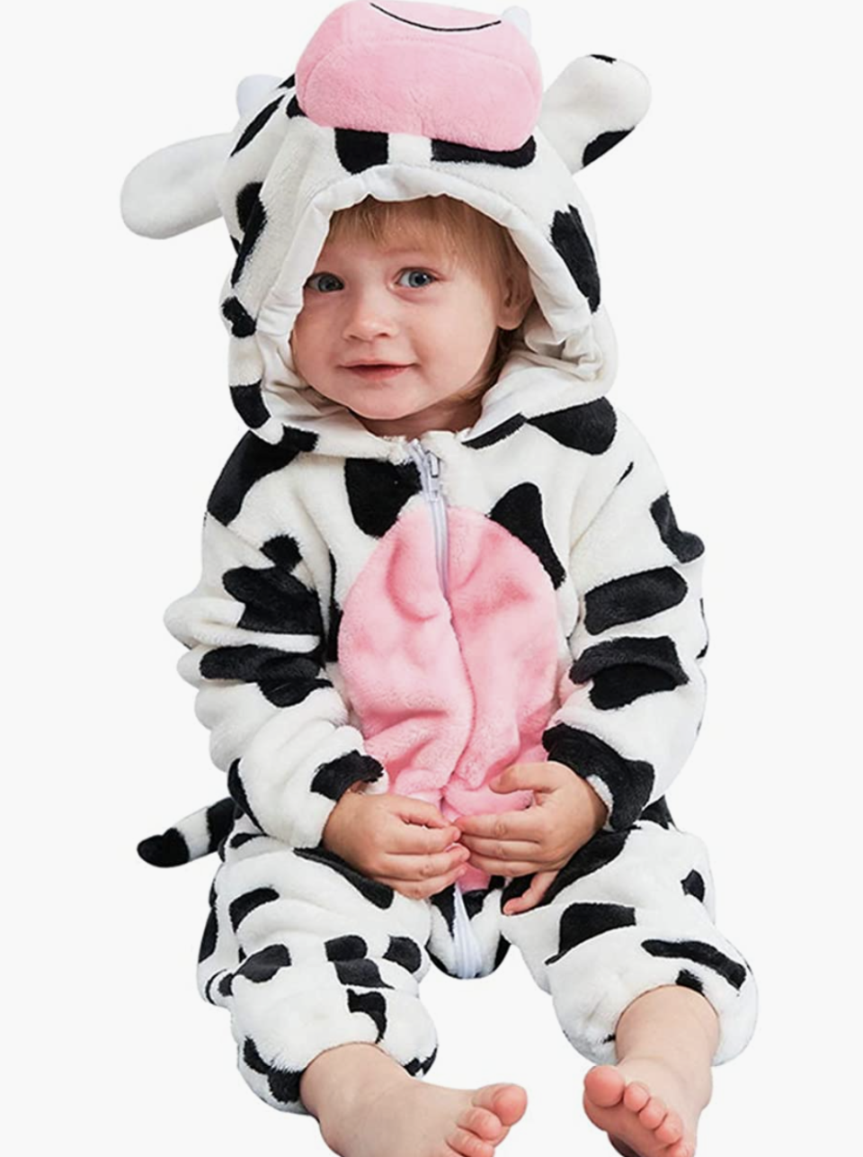 little boy wearing cow onesie halloween costume, Baby Animal Halloween Costume (Photo via Amazon)