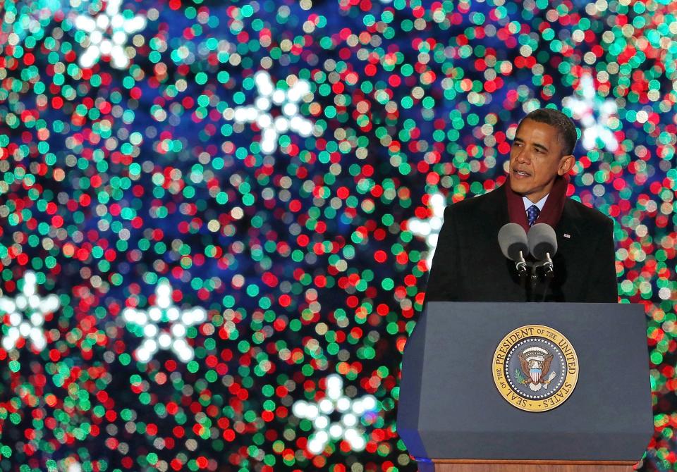 WASHINGTON, DC - DECEMBER 06: U.S. President Barack Obama speaks after lighting of the National Christmas tree on December 6, 2012 in Washington, D.C. This year is the 90th annual National Christmas Tree Lighting Ceremony. (Photo by Mark Wilson/Getty Images)