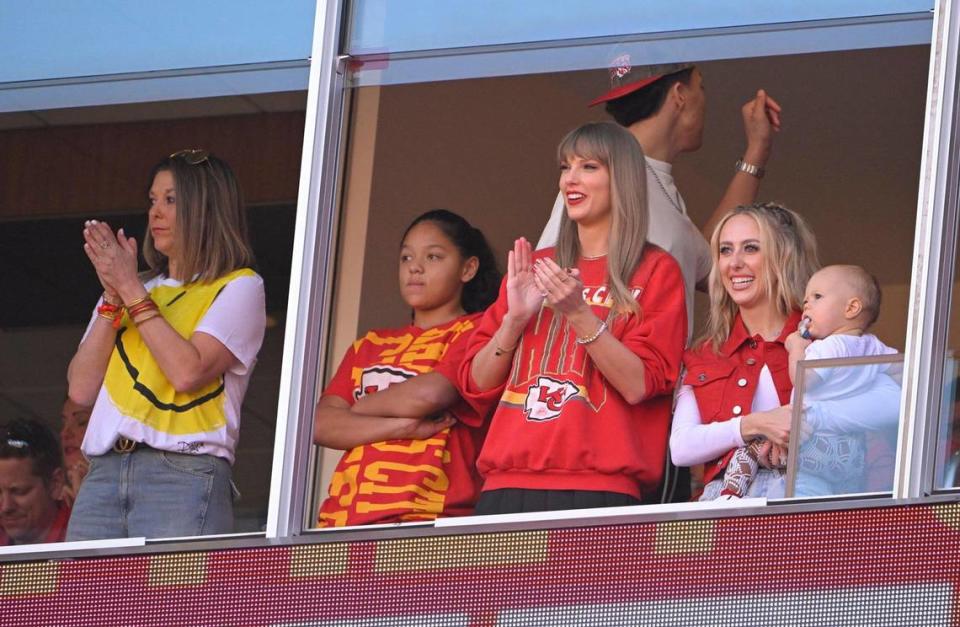 Taylor Swift and Brittany Mahomes were with members of Patrick Mahomes’ family to watch the Kansas City Chiefs and the Los Angeles Chargers on Sunday, Oct. 22, 2023, at GEHA Field at Arrowhead Stadium.