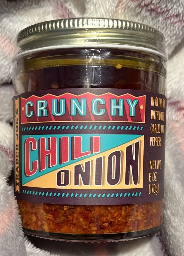 Jar of Trader Joe's Crunchy Chili Onion with garlic and red peppers