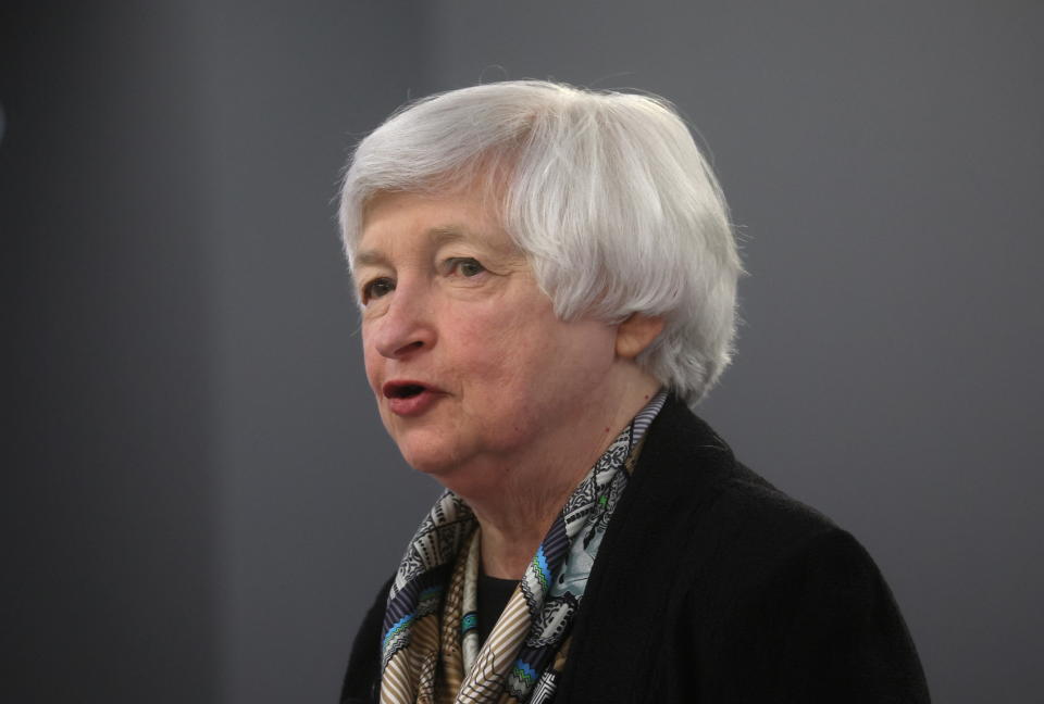 U.S. Treasury Secretary Janet Yellen makes a speech about the current and future state of the U.S. and global economy at the Atlantic Council in Washington, U.S., April 13, 2022. REUTERS/Leah Millis