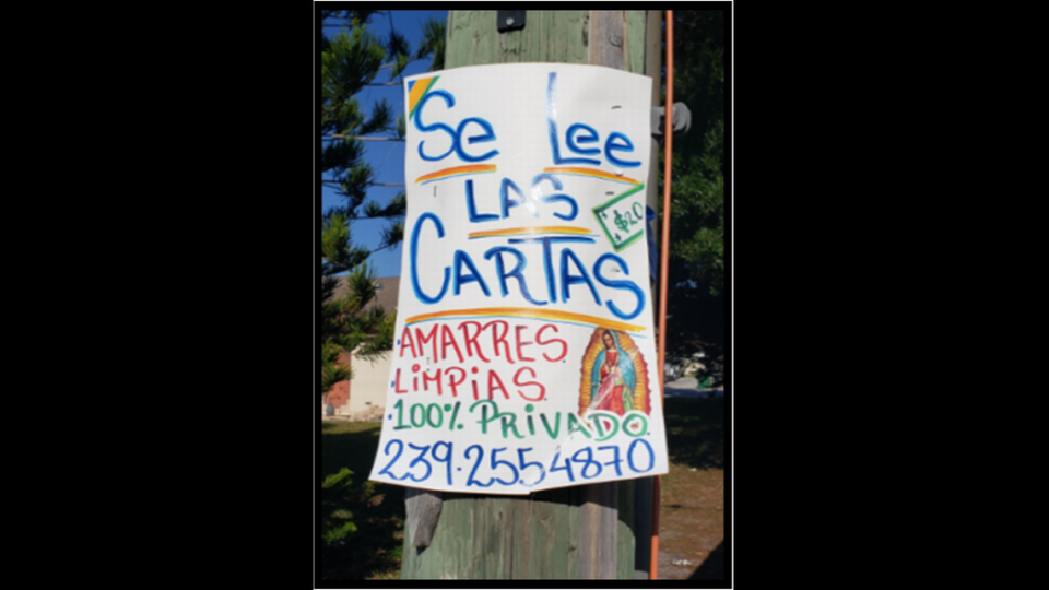 Naples police released a photo of a flyer in the Golden Gate and East Naples area that roughly translates to “the letters are read. Clean moorings” with a drawing of a $20 bill. Police say the person who placed the ads committed fraud by promising “spiritual/witchcraft services” from January to March 2021.