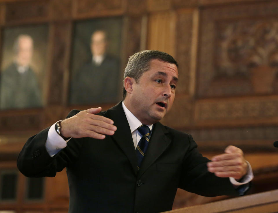 Attorney Raymond Dowd argues on behalf of a Berlin museum that an ancient gold tablet that a Holocaust survivor somehow obtained after World War II be returned to the museum, Tuesday, Oct. 15, 2013, at the New York State Court of Appeals in Albany, N.Y. Riven Flamenbaum's family is trying to keep the 3,200-year-old relic, arguing the museum forfeited any claim to ownership by waiting 60 years to seek its return. (AP Photo/Mike Groll)