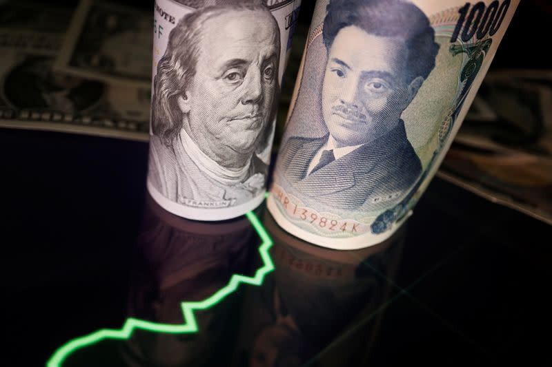 Illustration picture of Japanese yen and U.S. dollar banknotes