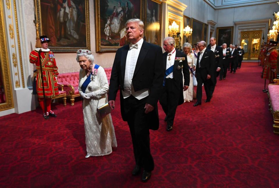 Queen Elizabeth II with then-President Trump at a state banquet at Buckingham Palace in 2019 (AP)