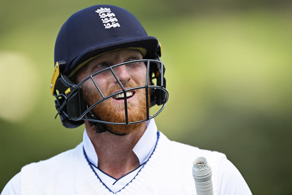 England's Ben Stokes walks off after losing his wicket to New Zealand on day 5 of their cricket test match in Wellington, New Zealand, Tuesday, Feb 28, 2023. (Andrew Cornaga/Photosport via AP)