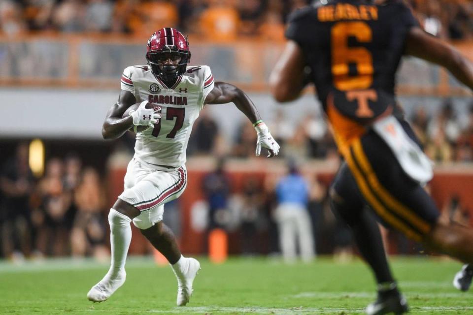 South Carolina wide receiver Xavier Legette (17) with the ball during an NCAA college football game between <a class="link " href="https://sports.yahoo.com/nfl/teams/tennessee/" data-i13n="sec:content-canvas;subsec:anchor_text;elm:context_link" data-ylk="slk:Tennessee;sec:content-canvas;subsec:anchor_text;elm:context_link;itc:0">Tennessee</a> and South Carolina in Knoxville, Tenn., on Saturday, Sept. 30, 2023. Caitie McMekin/News Sentinel/USA TODAY NETWORK