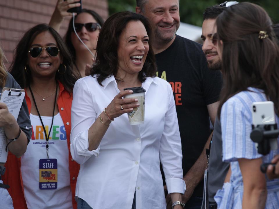 Democratic presidential candidate U.S. Sen. Kamala Harris (D-CA), her husband Douglas Emhoff and her sister Maya Harris prior to her delivering a campaign speech at the Des Moines Register Political Soapbox at the Iowa State Fair on August 10, 2019 in Des Moines, Iowa. 22 of the 23 politicians seeking the Democratic Party presidential nomination will be visiting the fair this week, six months ahead of the all-important Iowa caucuses.