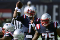 New England Patriots quarterback Cam Newton (1) passes against the Denver Broncos in the first half of an NFL football game, Sunday, Oct. 18, 2020, in Foxborough, Mass. (AP Photo/Charles Krupa)