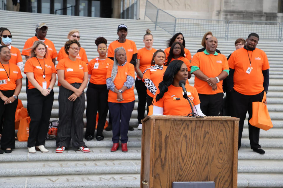Raynata Lockett, a mother of four who relied on the Summer EBT program before it was discontinued, speaks about the importance of the program on the steps of the Louisiana State Capitol on Wednesday, March 27, 2024.
